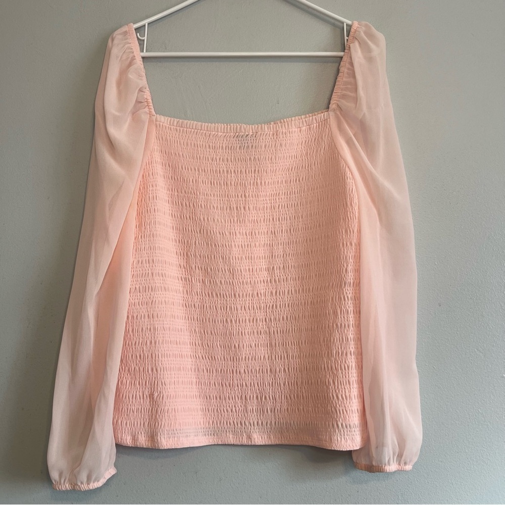 Halogen Womens Blouse Smocked Puff Chiffon Sleeve Pink Sz XL Flowy Contemporary - Picture 2 of 10